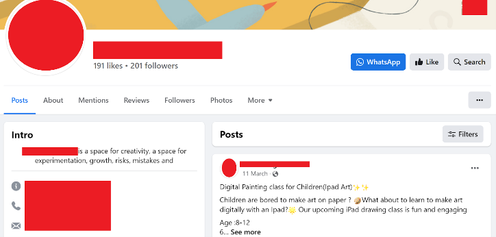 Facebook profile of an education center